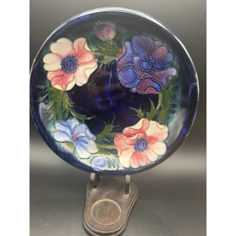 Walter Moorcroft Anemone Plate Cobalt Blue Floral Tube Lined 8.75 Inch